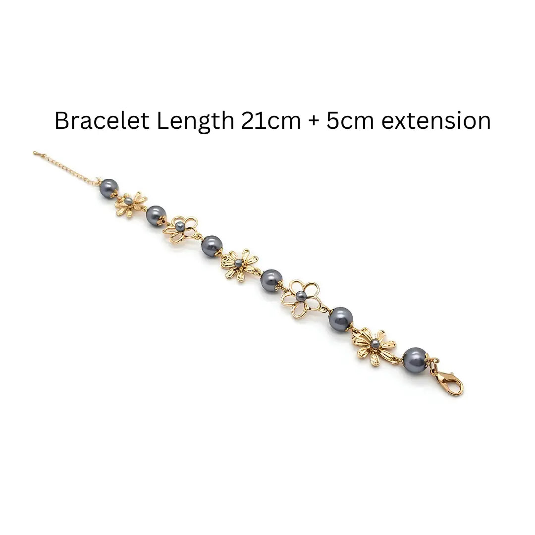 Gold Tone Dark Grey Pearl & Floral Link Bracelet – Nature-Inspired Openwork Flower Charm Bracelet (21cm + 5cm Extender) for Women