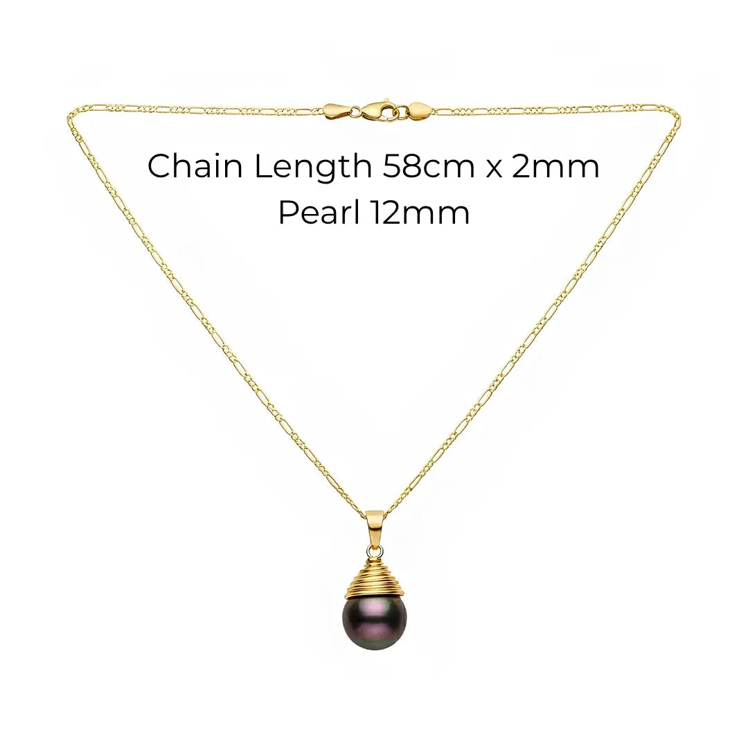 14K Gold Filled Peacock Green Shell Pearl Pendant Necklace – 12mm Iridescent Pearl Figaro Chain Necklace (58cm) for Women & Men