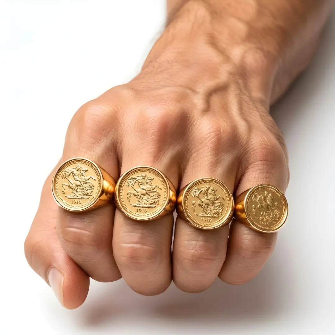 18K Gold Filled Sovereign Ring – 1916 Saint George & Dragon Coin Signet Ring for Men & Women