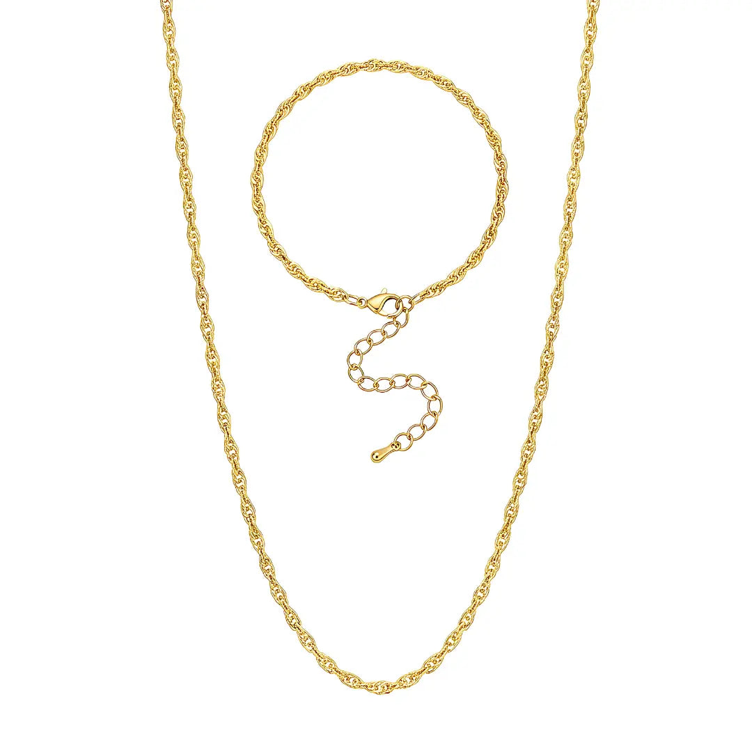18K Gold Filled Twisted Singapore Wave Chain Necklace & Bracelet Set