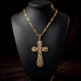 18K Gold Filled Filigree Crucifix Pendant Necklace – 50cm 4mm Figaro Chain Cross Necklace for Men & Women