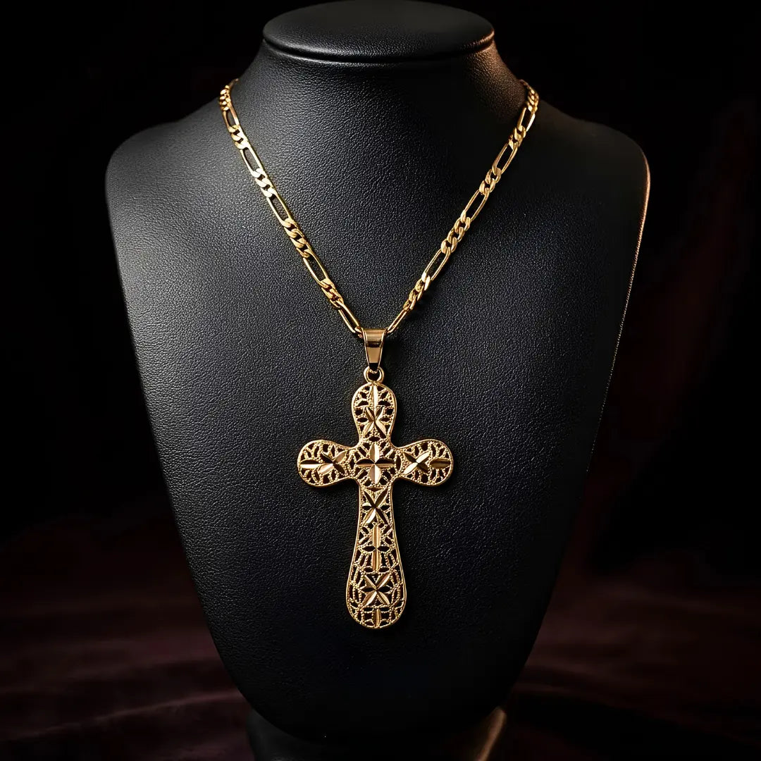 18K Gold Filled Filigree Crucifix Pendant Necklace – 50cm 4mm Figaro Chain Cross Necklace for Men & Women