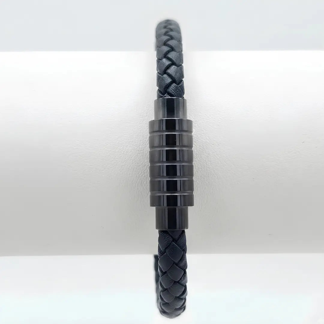 Braided Black Leather Bracelet with Gunmetal Magnetic Clasp (21cm) – Rugged Men's Casual Wristwear