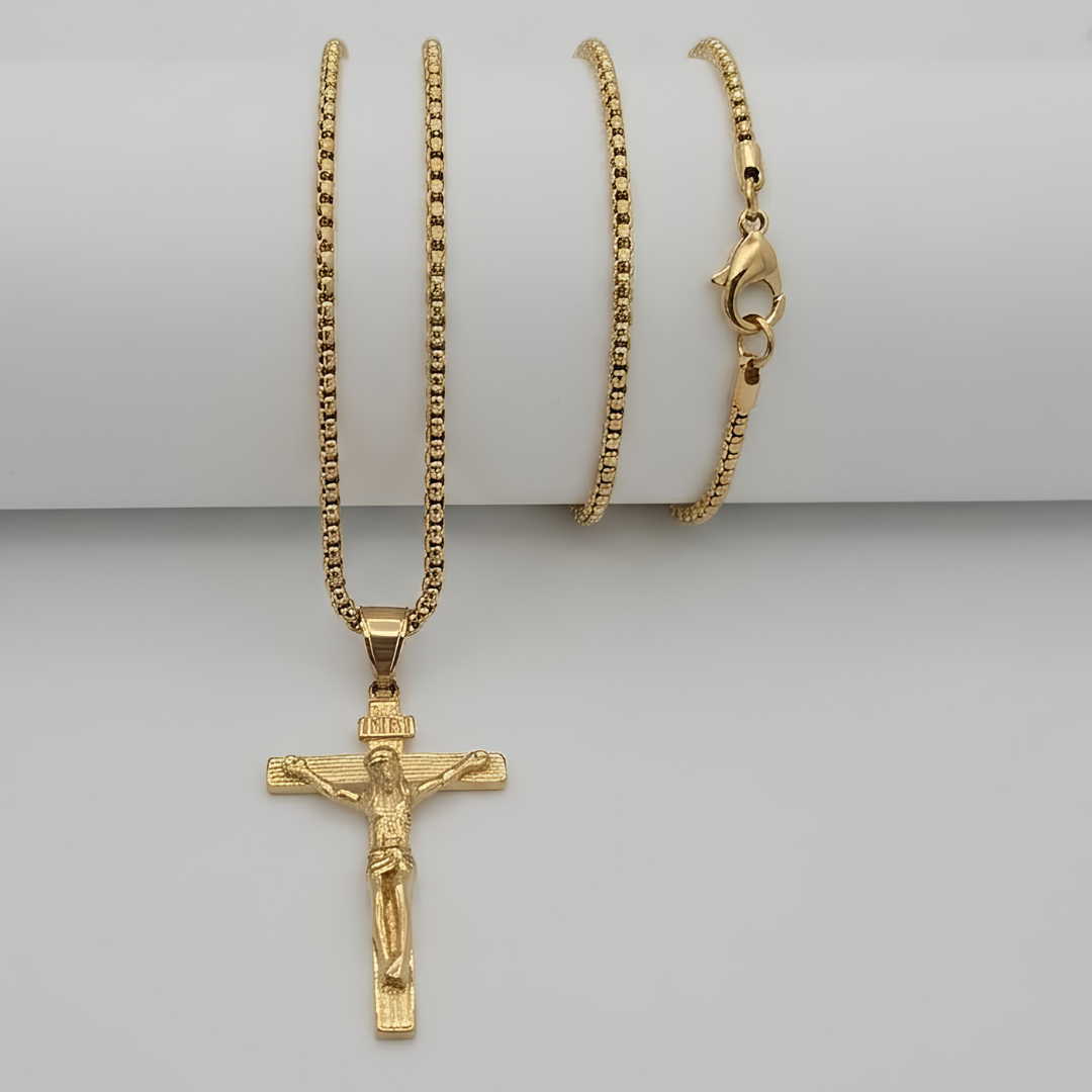 Stainless Steel Crucifix Cross Pendant Necklace with 60cm Box Chain – Tarnish-Proof Unisex INRI Christian Jewelry
