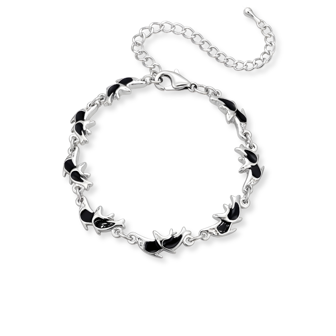 Silver Twin Black Enamel Fish Bracelet – 22cm Adjustable