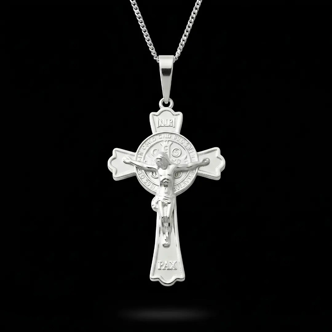 Silver Saint Benedict Crucifix Pendant Necklace with Snake Chain - 40x30mm