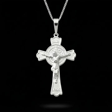 Silver Saint Benedict Crucifix Pendant Necklace with Snake Chain - 40x30mm