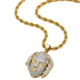18K Gold Filled Iced Out Face Pendant Necklace with 64cm Rope Chain