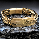 18K Gold Filled Crown Insignia ID Bar Franco Chain Bracelet – Embossed Crown & Logo Woven Mesh Bracelet for Men