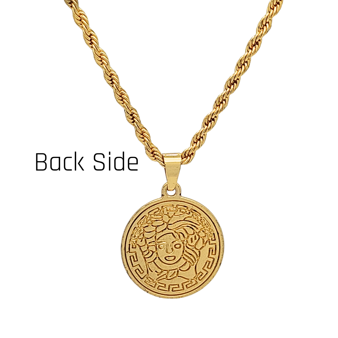 18K Gold Filled Iconic Greek Medusa Head Pendant Necklace – 25mm Medallion with Rope Chain
