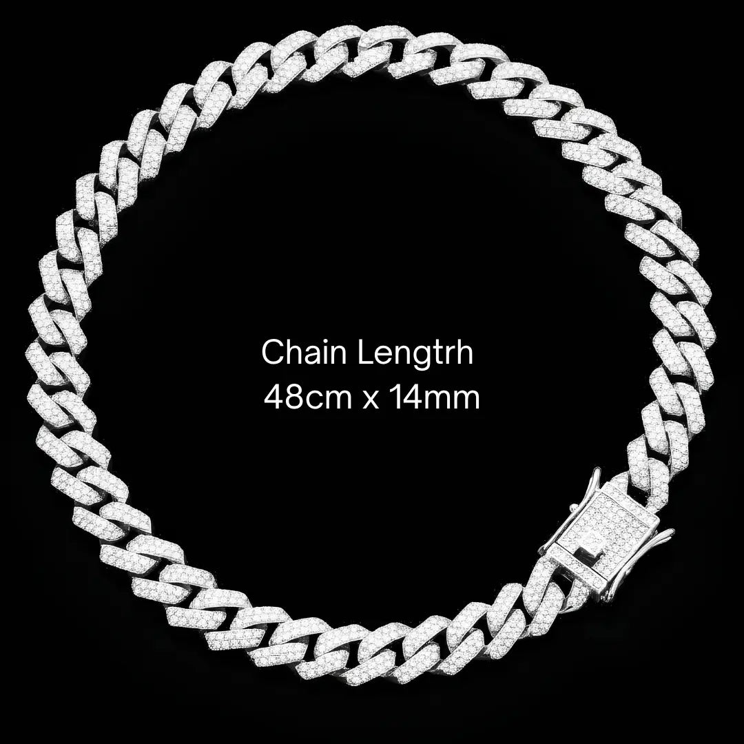 14mm Iced-Out Miami Cuban Link Chain for Men – 48cm Silver Pave Diamond Hip Hop Necklace with Secure Box Clasp