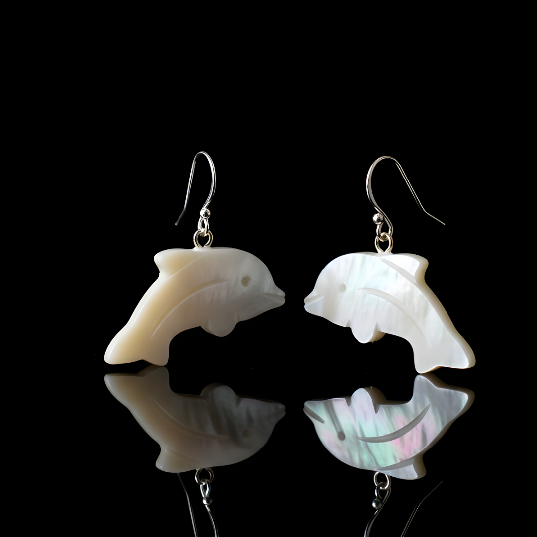 Natural Mother of Pearl Carved Dolphin Drop Earrings – Sterling Silver Coastal Shell Jewelry