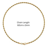 18K Gold Filled Rope Chain – 60cm & 3mm Unisex Tarnish-Proof Chain