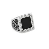 Men's Stainless Steel Square Black Onyx CZ Halo Signet Ring – Vintage Filigree Scrollwork Statement Ring for Men