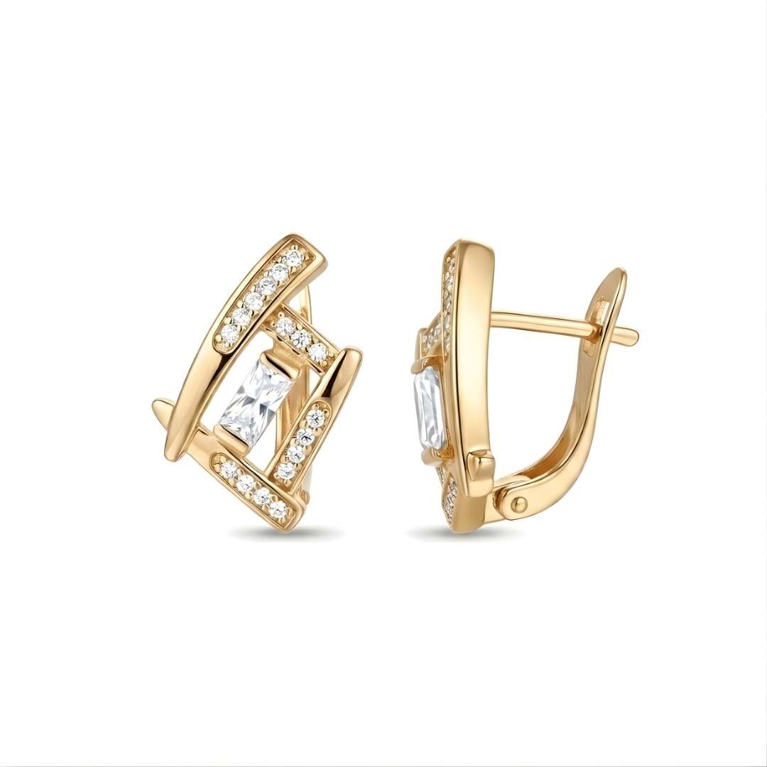 18K Gold Filled Geometric Square Huggie Earrings – Baguette & Pavé Cubic Zirconia Openwork Hoop Earrings