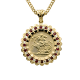 18K Gold Filled Sovereign Pendant Necklace – 1911 St. George Coin with Ruby & CZ Scalloped Bezel