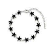 Silver Black Enamel Star Link Bracelet (22cm) – Textured Border Star Station Charm Bracelet for Women
