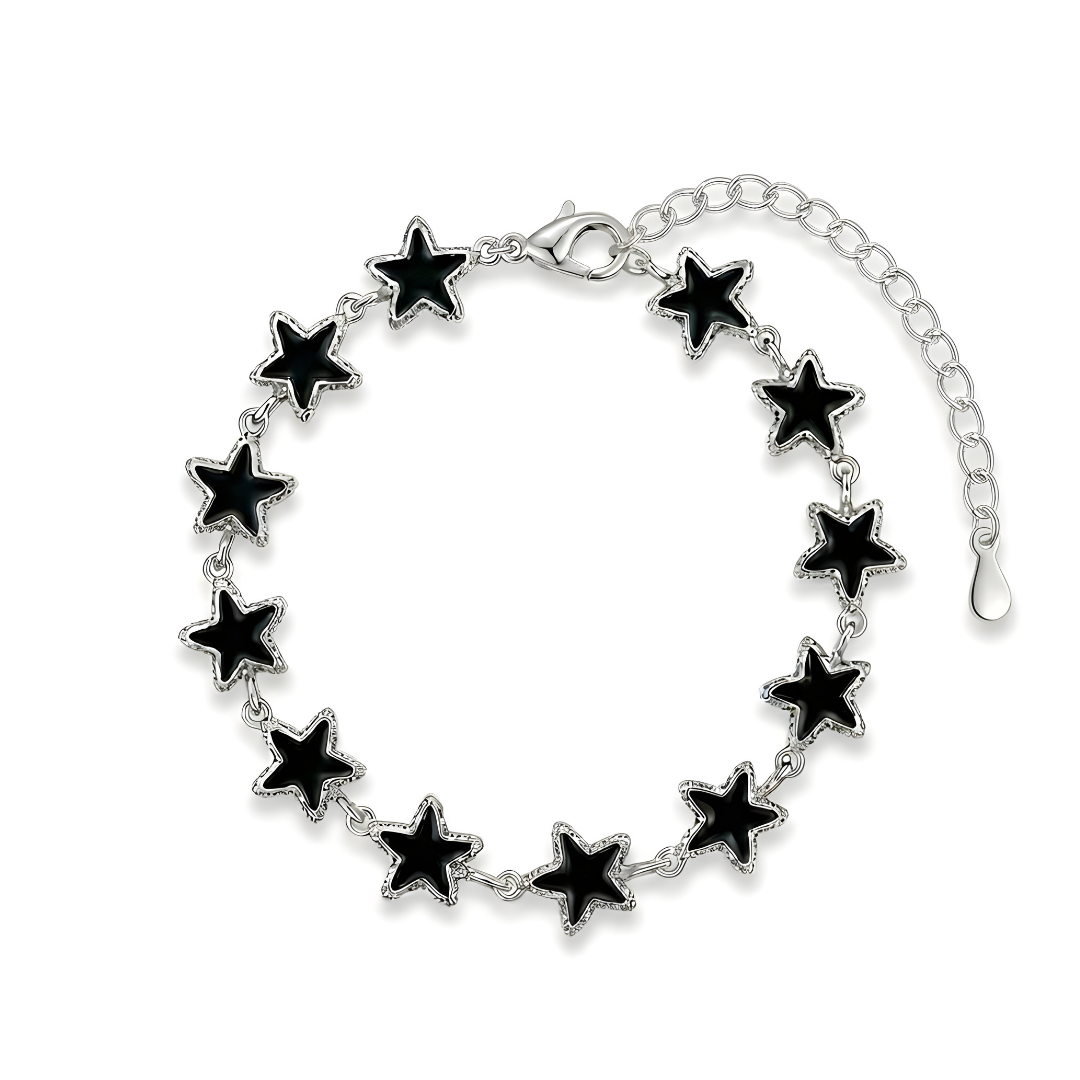 Silver Black Enamel Star Link Bracelet (22cm) – Textured Border Star Station Charm Bracelet for Women