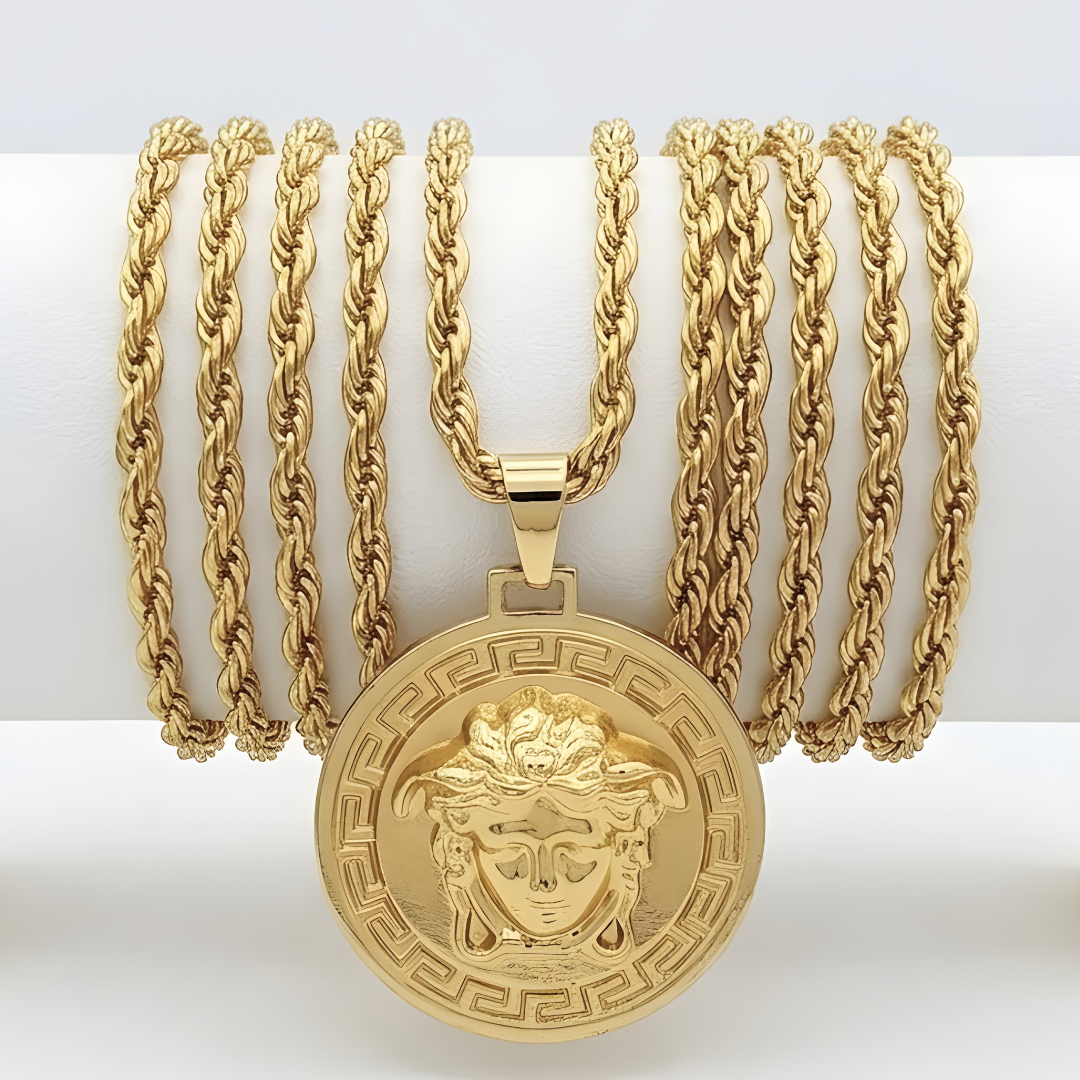 18K Gold Filled Iconic Greek Medusa Head Pendant Necklace – Medallion with Rope Chain