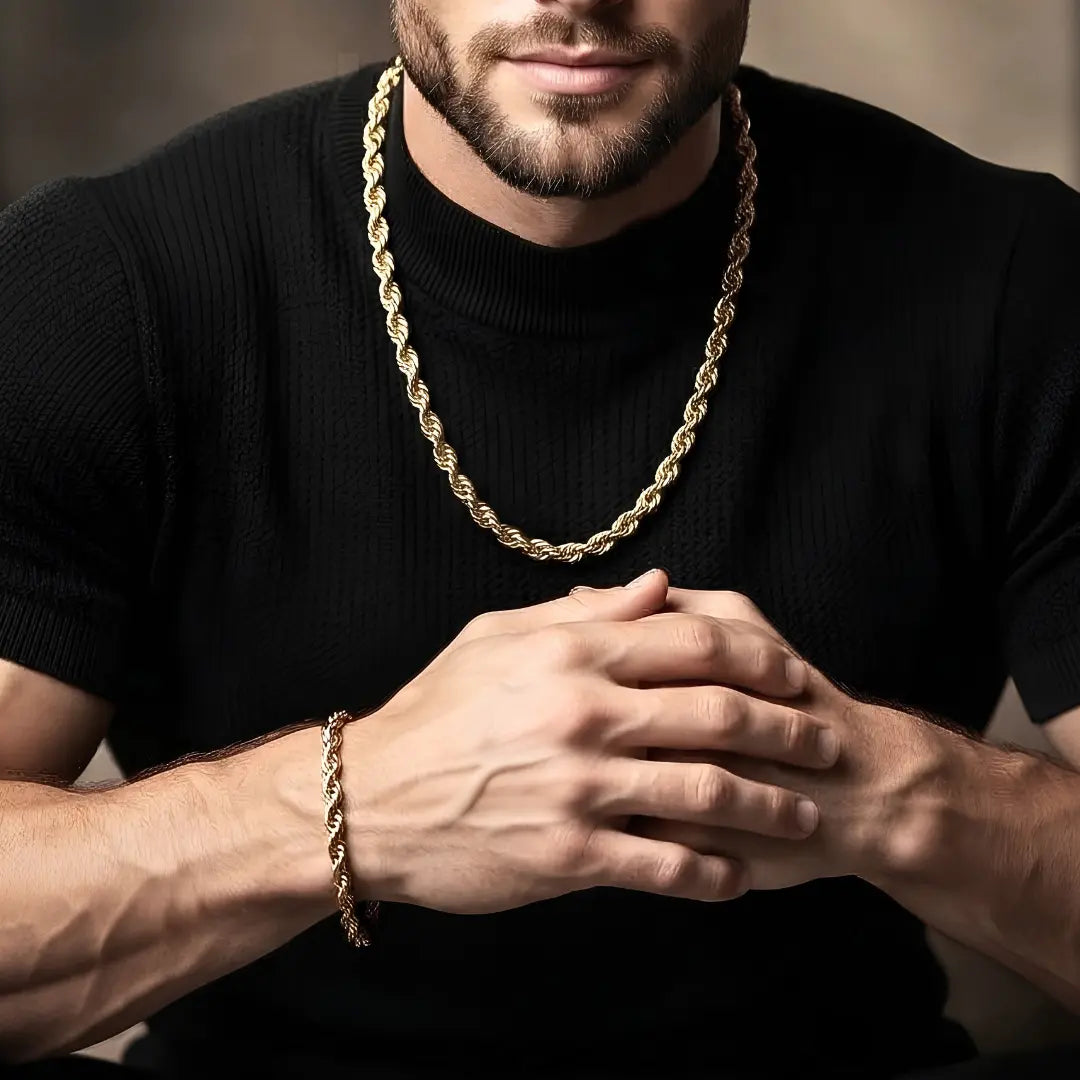 18K Gold Filled Rope Chain and Matching Bracelet Set (Unisex)