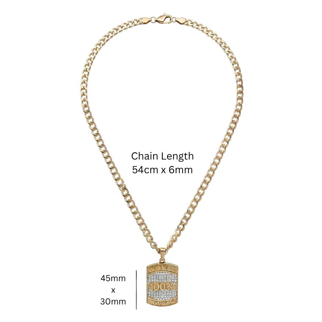18K Gold Filled 54cm x 6mm Cuban Link Chain Necklace with World Champions Pendant – Fully Polished, Lobster Clasp