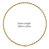 8K Gold Filled  60cm x 2mm Rope Chain Necklace – Waterproof & Tarnish Proof Unisex Jewelry