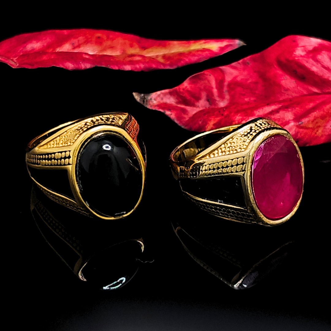 Mens Onyx Rings In Black & Red Stone