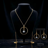 18K Gold Filled Grey Pearl Circle Pendant & Earrings Set – Geometric Circular Drop Jewelry Set for Women