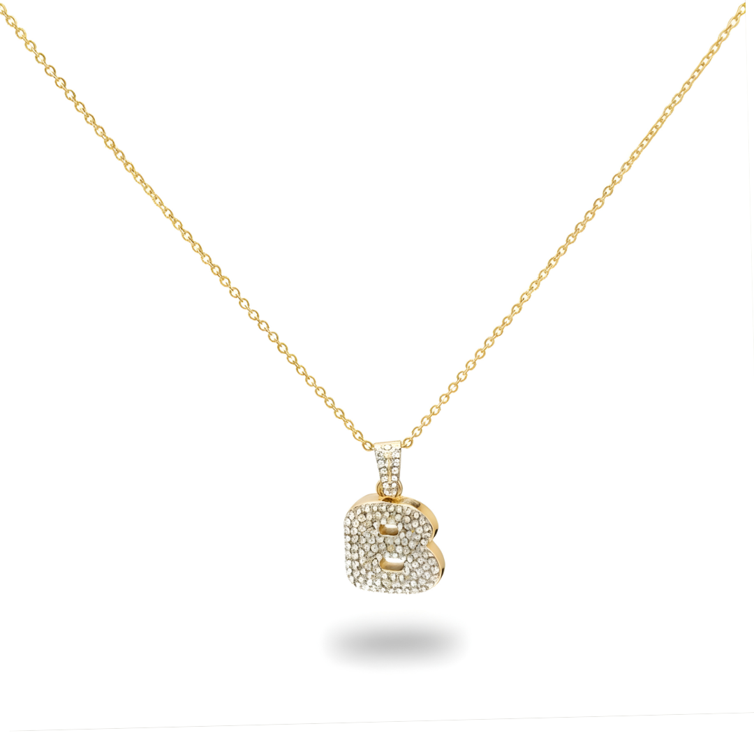 18K Gold Filled Iced Out Pavé Initial Letter Pendant Necklace – Sparkling CZ Alphabet Monogram Necklace for Women & Men