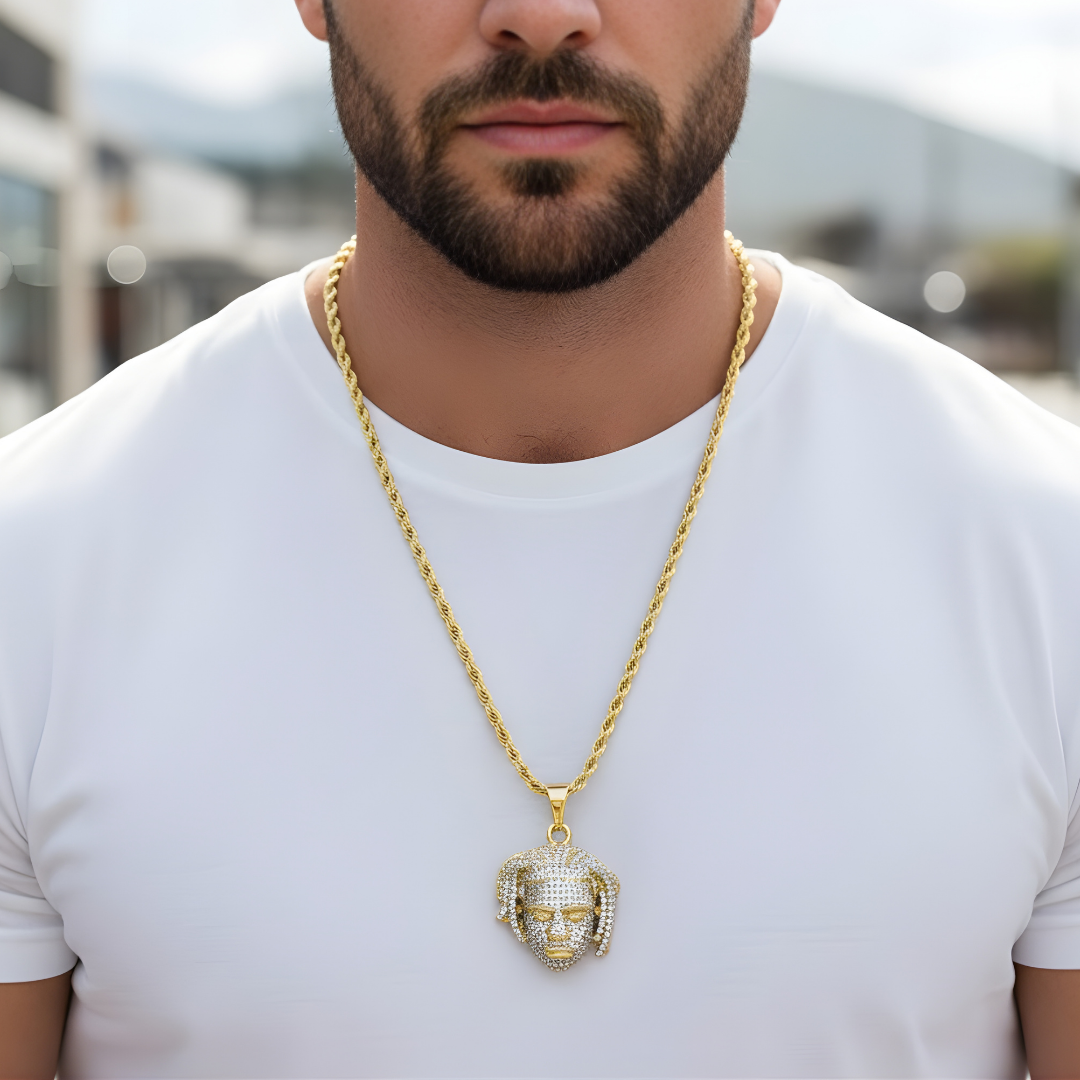 18K Gold Filled Micro-Pavé Dreadlocks Face Pendant Necklace – Iced Out 3D Figure CZ Rope Chain Necklace for Men & Women