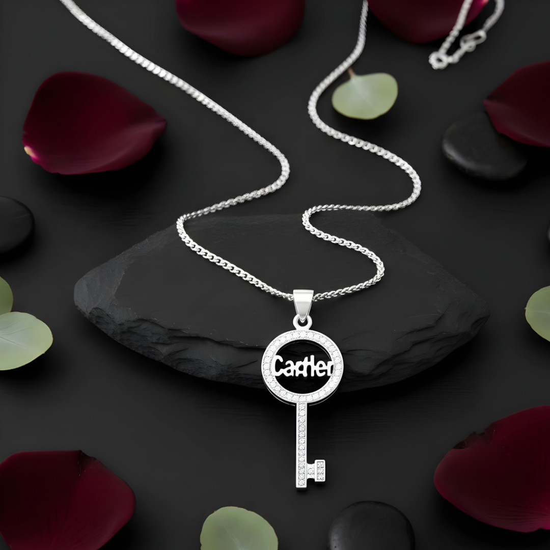 Sterling Silver American Diamond Key Pendant Necklace – Paved Script Key Pendant for Women