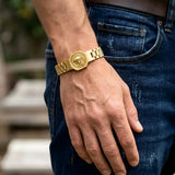 18K Gold Filled & Silver Medusa Head President Link Bracelet – Engraved Coin Emblem Watchband Chain Bracelet for Men & Women