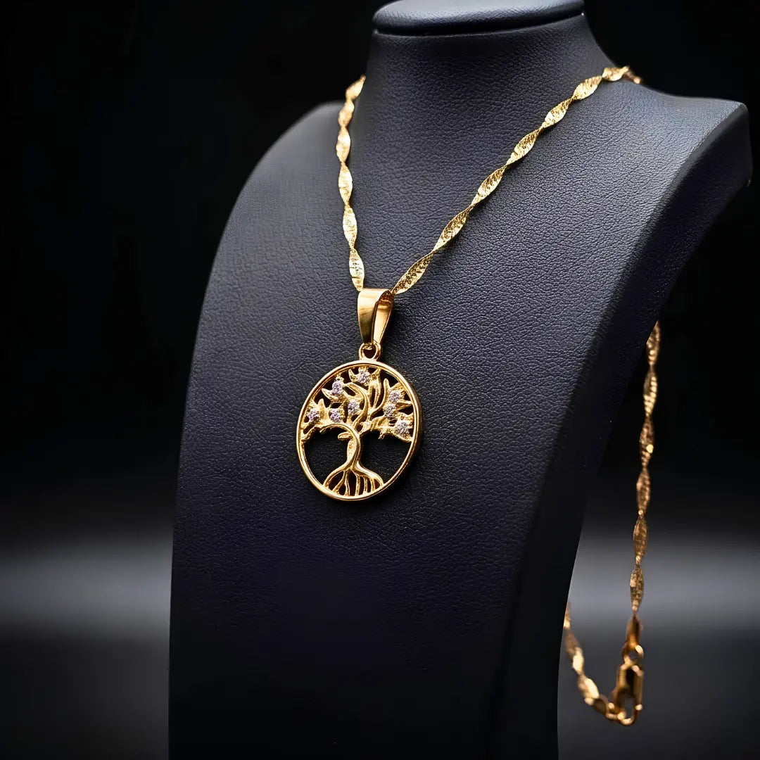 18K Gold Filled Tree of Life Pendant Necklace – 60cm 2mm Twisted Rope Chain CZ Medallion Necklace for Women & Men
