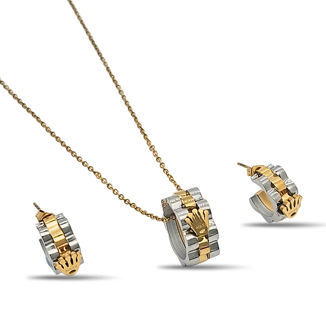 18K Gold Filled Two-Tone Crown Pendant Necklace & Hoop Earrings Set – 60cm Cable Chain & 18mm Matching Hoops for Women & Men