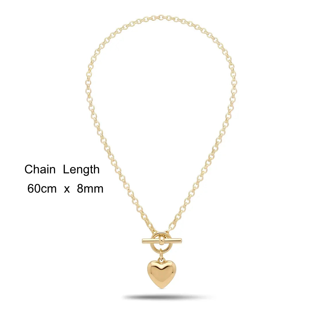 18K Gold Filled Belcher Chain Heart Pendant Necklace – 60cm 8mm Rolo Chain with Front Toggle Clasp for Women & Men
