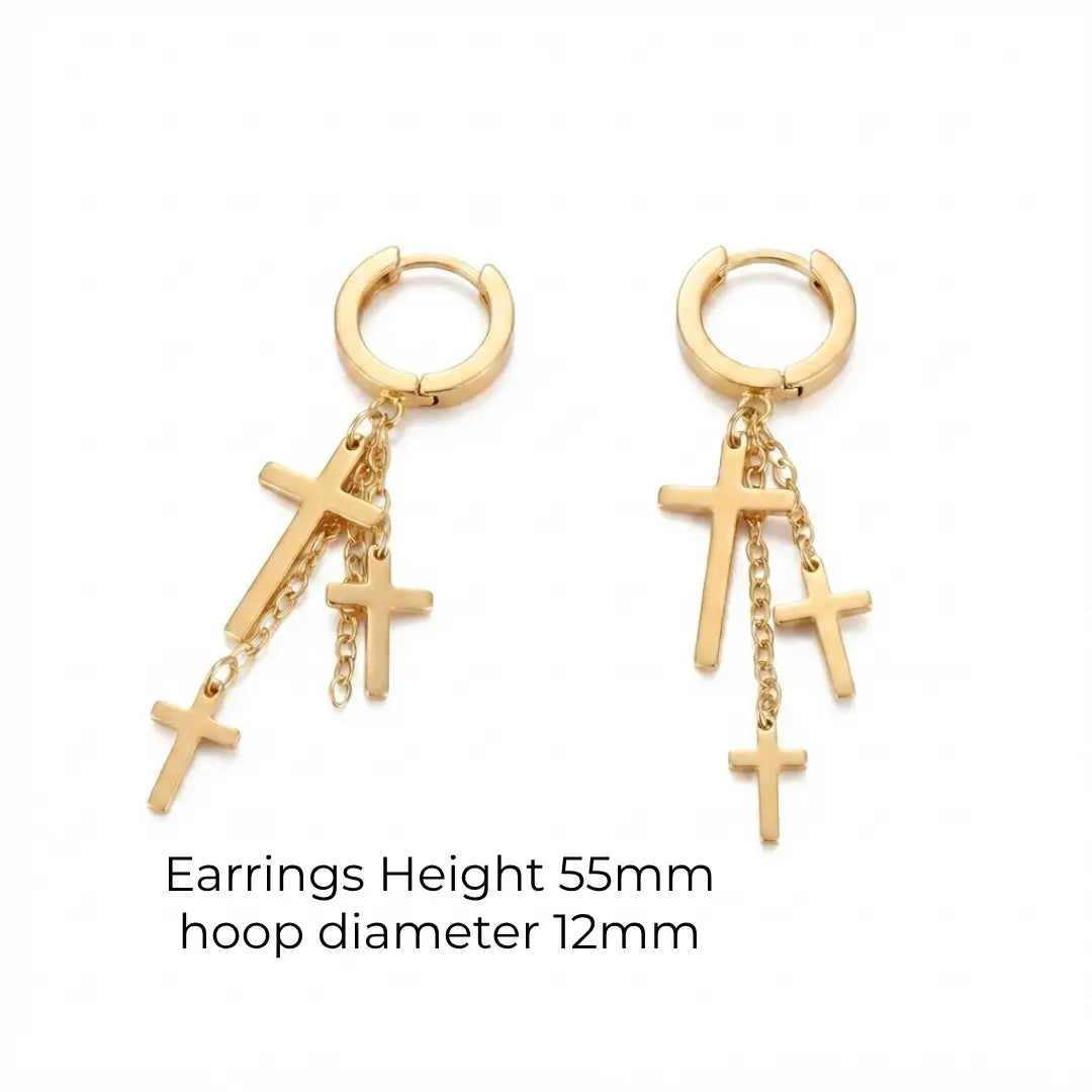 18K Gold Filled Multi-Cross Dangle Hoop Earrings – 55mm Cascading Cross Huggies for Women & Men