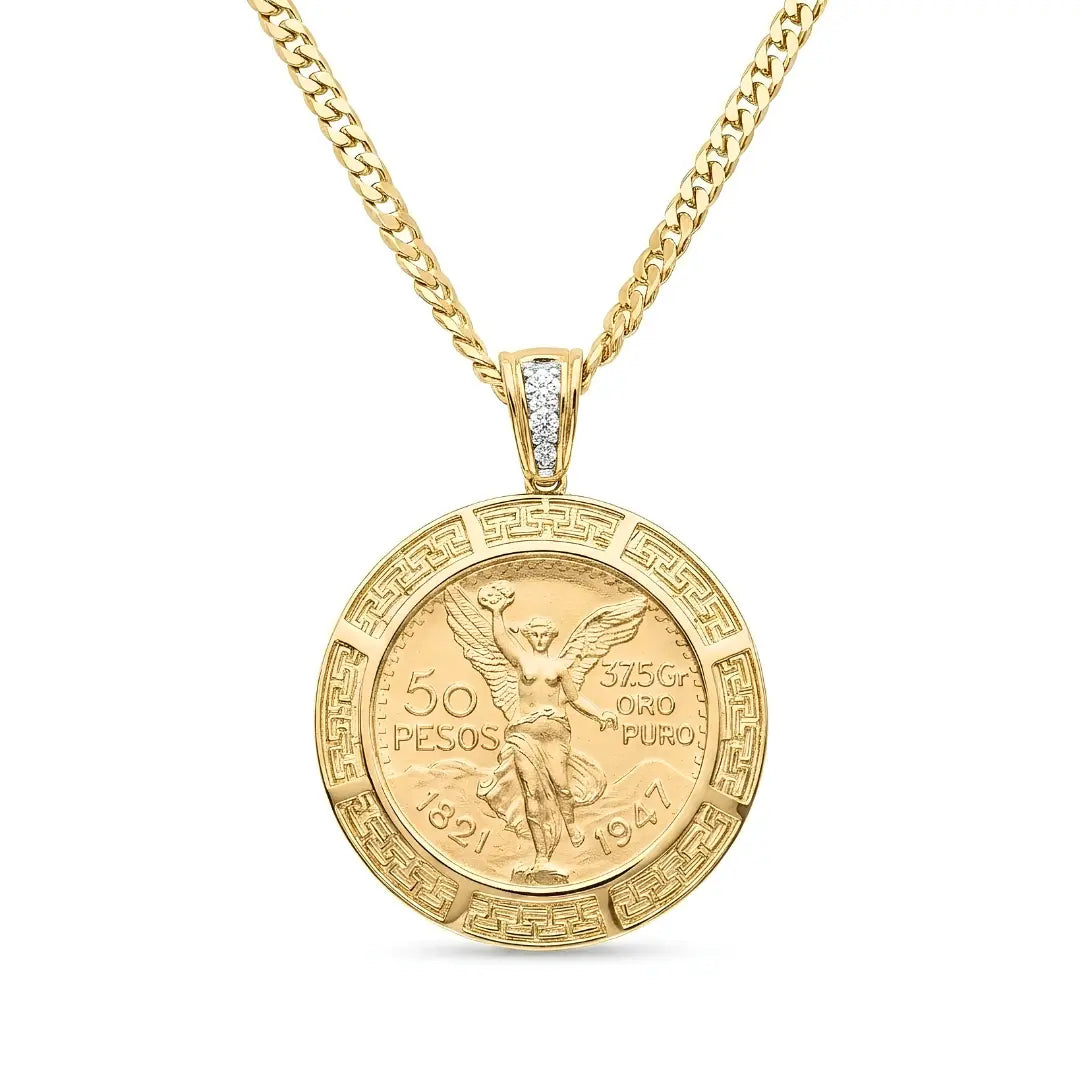 14K Gold Filled Mexican 50 Pesos Centenario Coin Pendant Necklace – 60cm 6mm Curb Chain Greek Key Medallion for Men & Women