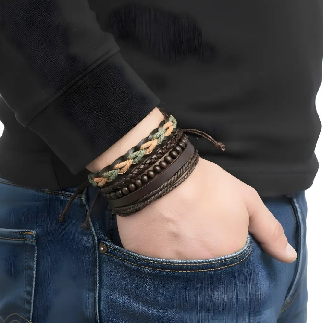 Men’s Multi-Strand Braided PU Leather & Wooden Bead Bracelet Set – Stackable Rustic Cord Bracelet