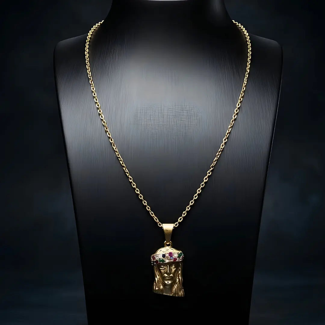 18K Gold Filled Jesus Piece Pendant Necklace – 35mm x 18mm Multicolor Cubic Zirconia Crown with 60cm x 2mm Chain for Men & Women