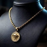 60CM x 6MM 18K Gold Filled Medusa Head Pendant Necklace with Iced Crystal Border Rope Chain – Tarnish-Proof Luxury Jewelry