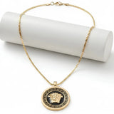 14K Gold Tone Greek Key Medallion Pendant Necklace – 28mm x 28mm Contrasting Round Pendant with 66cm x 3mm Chain for Men