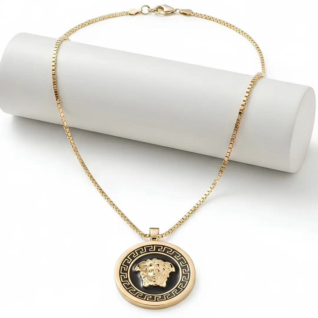 14K Gold Tone Greek Key Medallion Pendant Necklace – 28mm x 28mm Contrasting Round Pendant with 66cm x 3mm Chain for Men