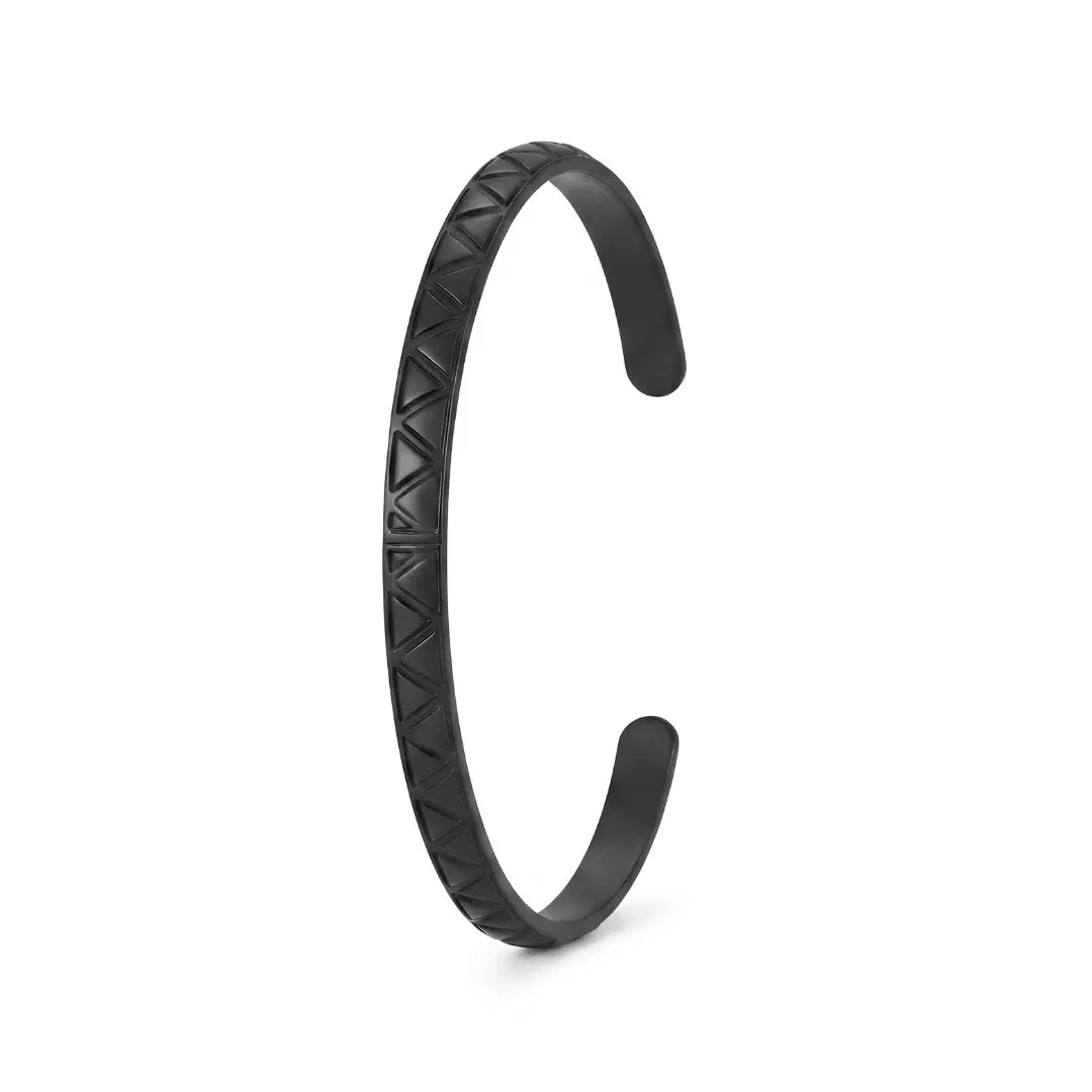 Tarnish-Proof Black Geometric Open Cuff Bracelet – Adjustable Engraved Triangle Pattern Metal Bangle for Men