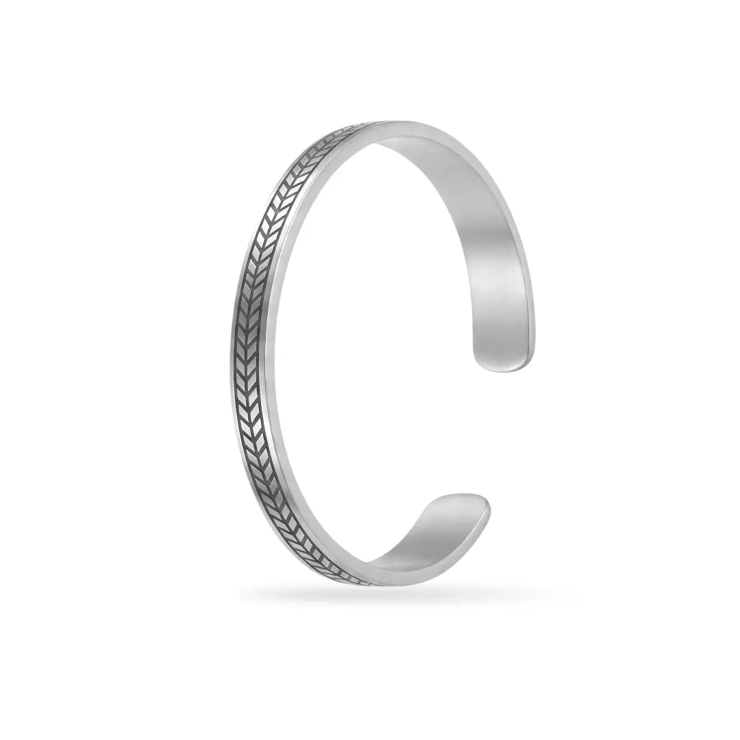 Tarnish-Proof Herringbone Open Cuff Bracelet – Adjustable Engraved Chevron Pattern Metal Bangle for Men