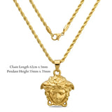 18K Gold Filled Men's Detailed Head Pendant Necklace – 25mm Medallion with 60cm Rope Chain