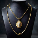 14K Gold Filled Lion Head Pendant Necklace with Pavé Crystal Details – 55mm x 35mm Statement Medallion with 65cm x 4mm Box Chain for Men