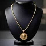 18K Gold Filled Iconic Greek Head Pendant Necklace – 35mm x 35mm Medallion with 60cm x 6mm Heavy Rope Chain for Men