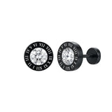 Men’s Stainless Steel Stud Earrings with CZ Center & Engraved Roman Numeral Bezel – Tarnish-Proof Modern Studs