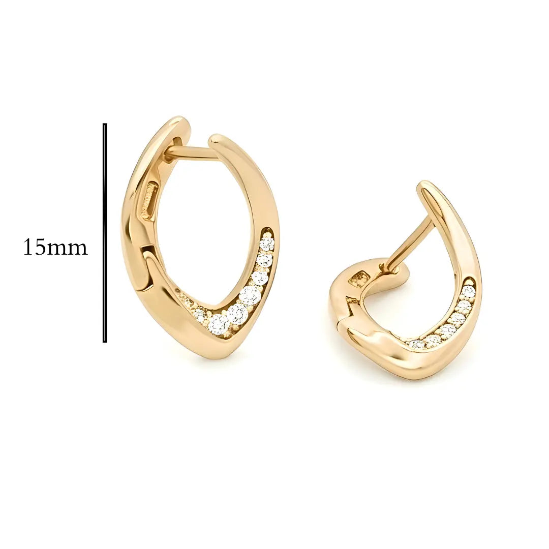 18K Gold Filled Leaf-Shaped Huggie Earrings with Cubic Zirconia – 12mm Nature-Inspired Asymmetrical Pavé Hoop Earrings for Women