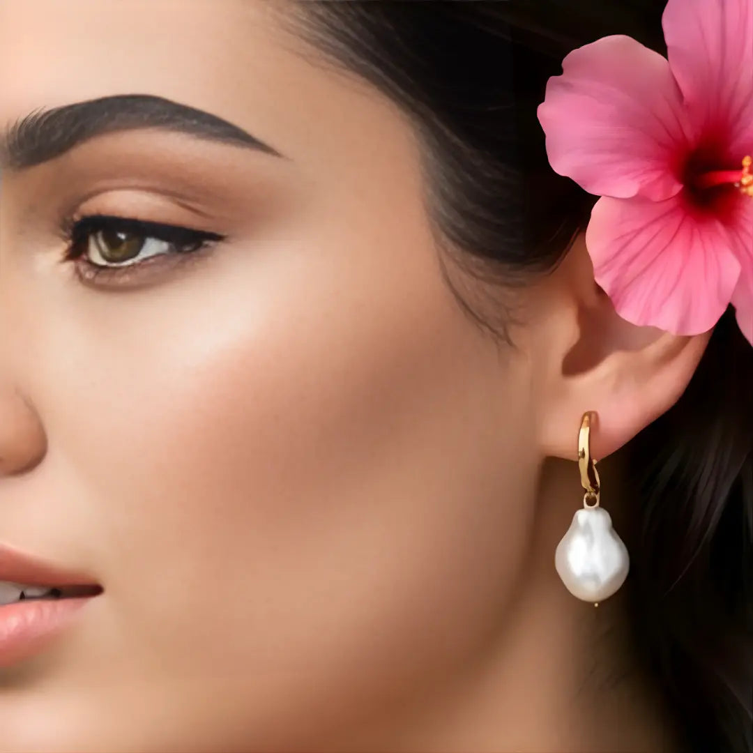 18K Gold Filled Chunky Hoop Earrings with White Baroque Pearl Drops – Organic Pearl Huggies for Women